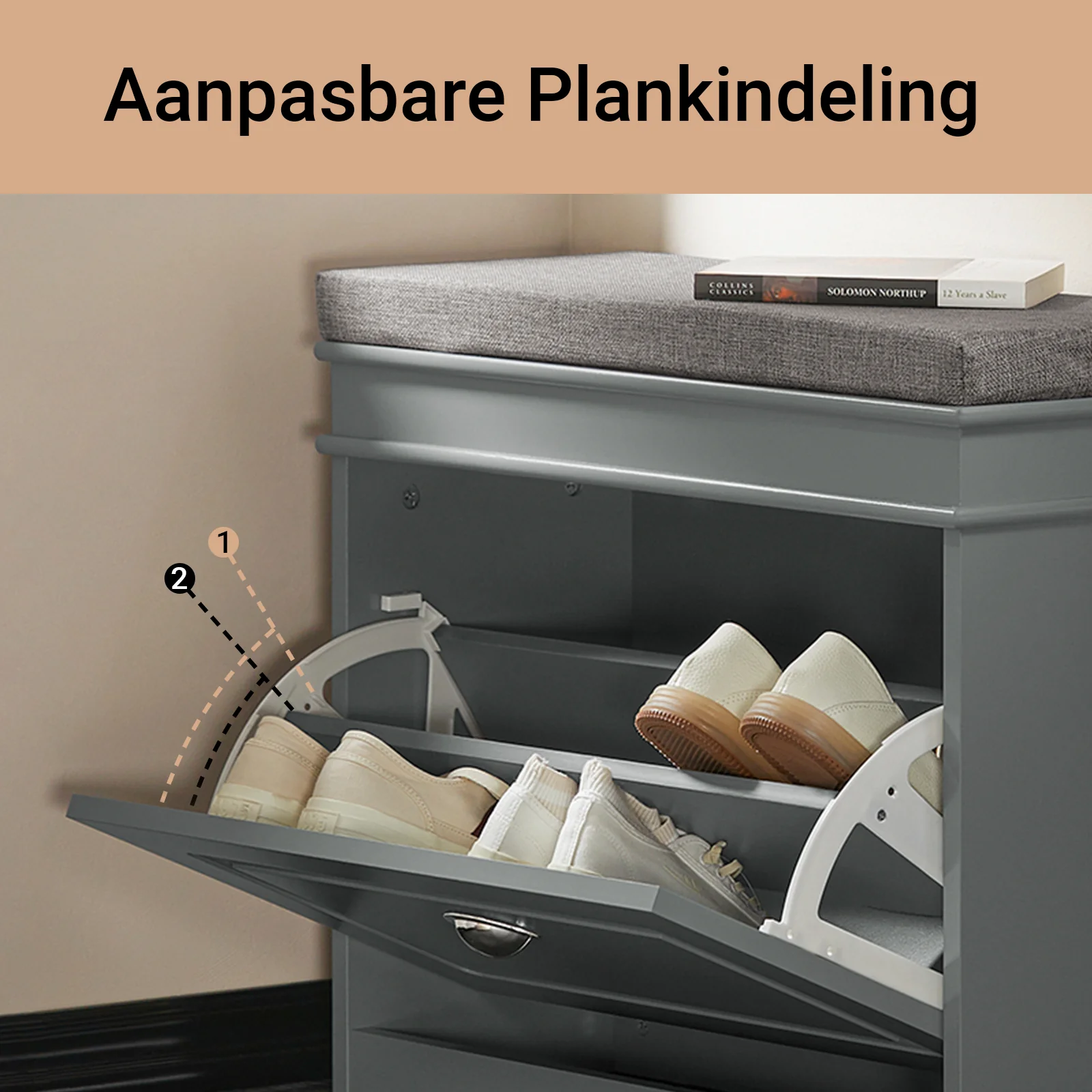 SoBuy Set FSR82-K-HG + FSR79-HG – Grijze Schoenenmeubel Set, Schoenenbank met Kussen + Schoenenkast met 4 Kleppen voor 16 Paar, 2-delig Halmeubel - Image 7