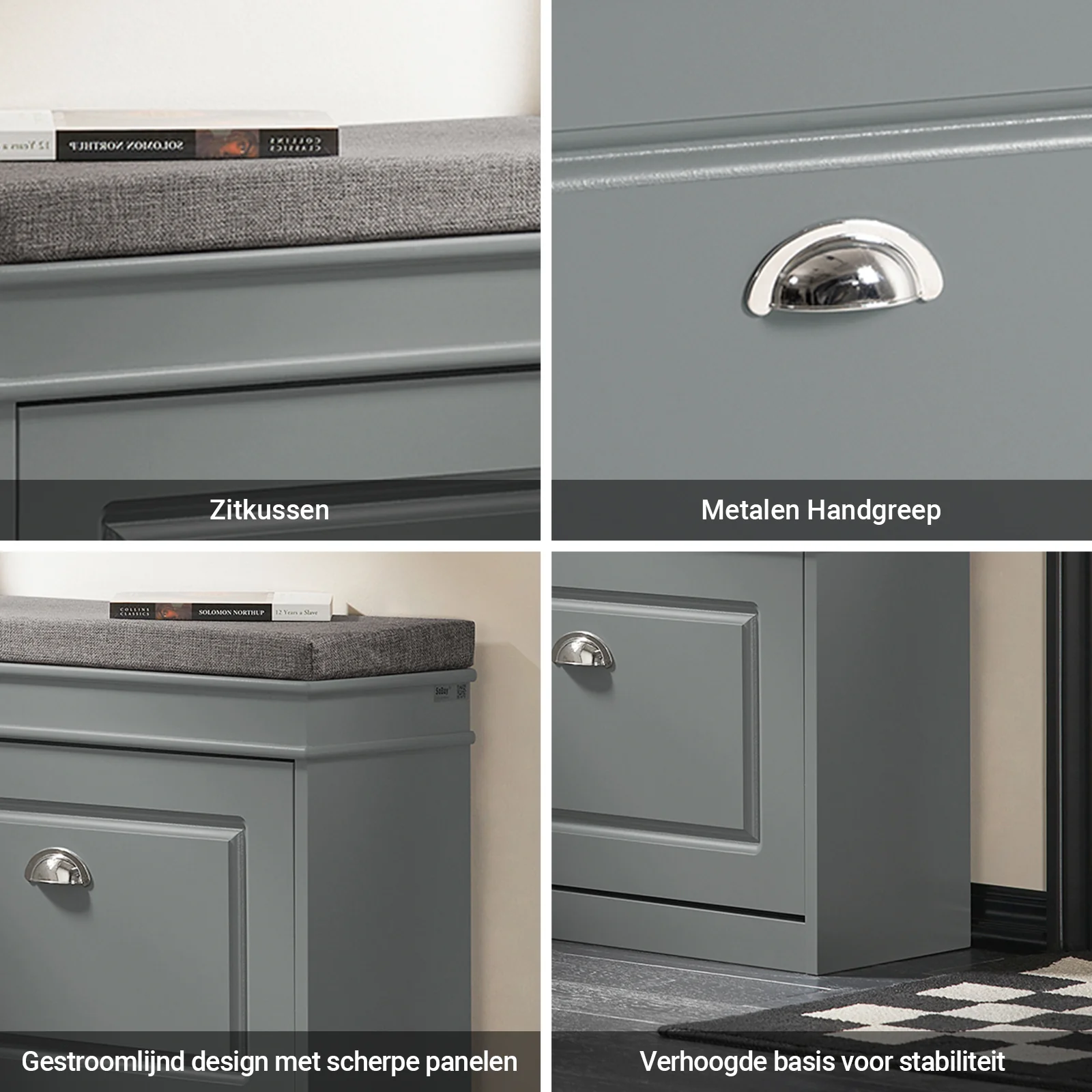 SoBuy Set FSR82-K-HG + FSR79-HG – Grijze Schoenenmeubel Set, Schoenenbank met Kussen + Schoenenkast met 4 Kleppen voor 16 Paar, 2-delig Halmeubel - Image 8