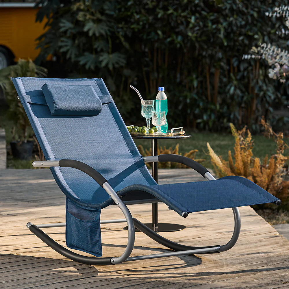 SoBuy OGS28-NBx2 | Set van 2 | Ligstoel | Tuinstoel | Swingstoel | Schommelstoel | Ergonomische | met Verstelbare Hoofdsteun en Zijzak | Marineblauw - Image 3