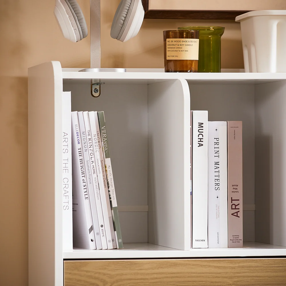 SoBuy STR11-WN Boekenkast met lade, kantoren, klein bureau met opbergplanken - Image 11