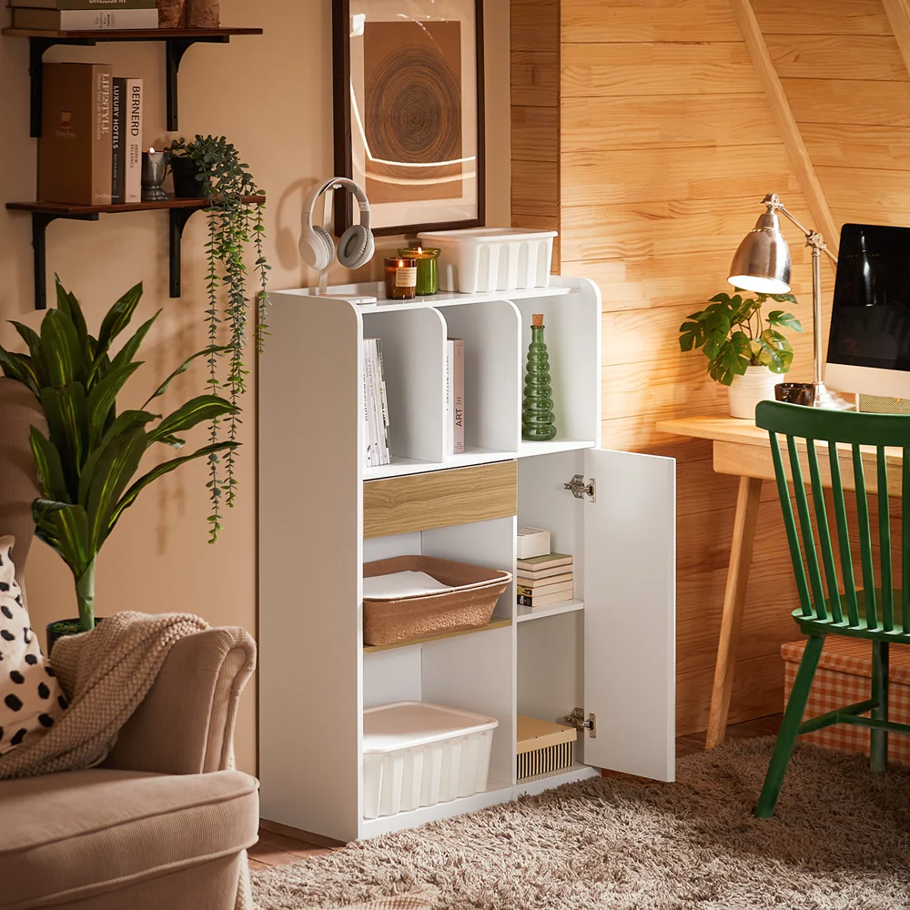 SoBuy STR11-WN Boekenkast met lade, kantoren, klein bureau met opbergplanken - Image 3