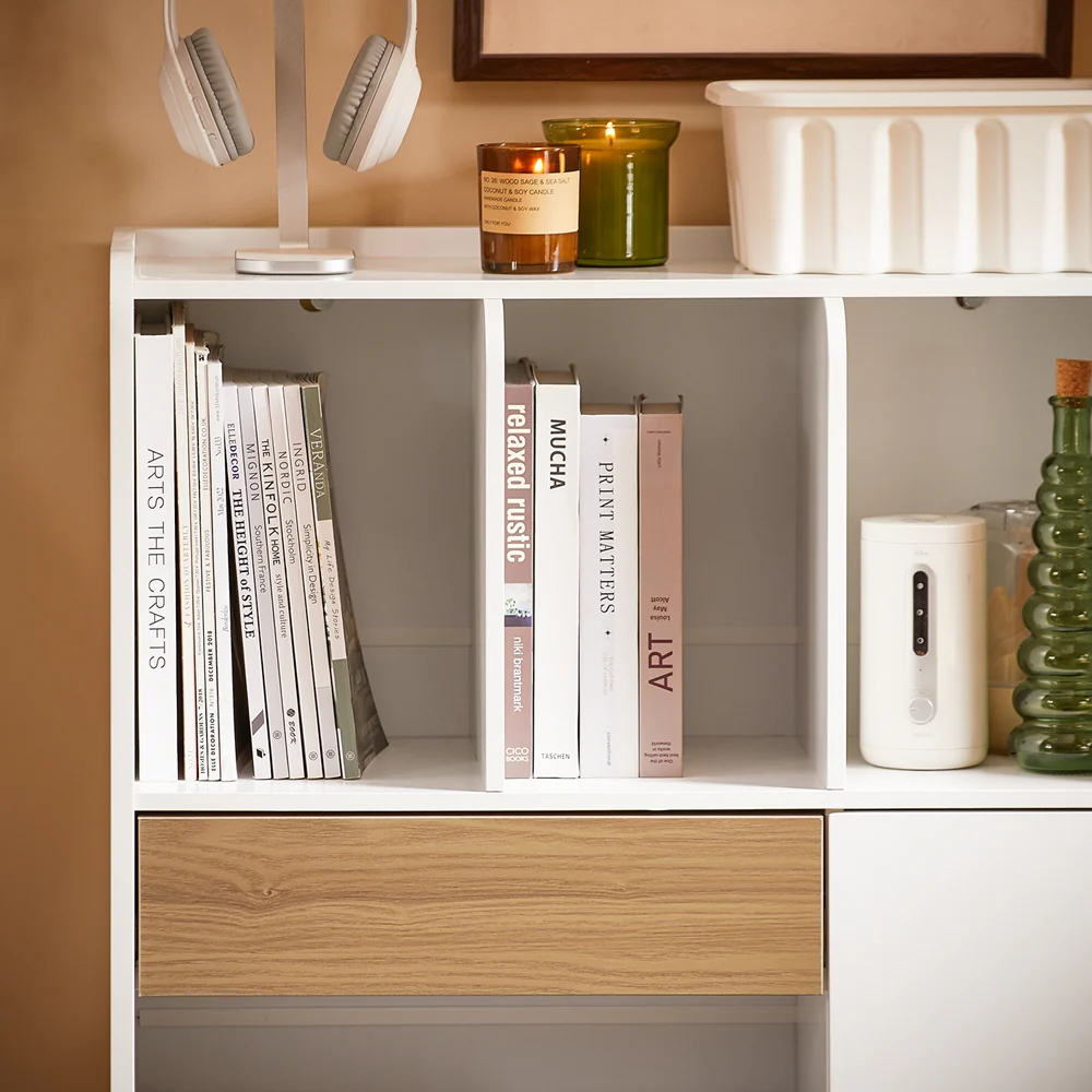 SoBuy STR11-WN Boekenkast met lade, kantoren, klein bureau met opbergplanken - Image 6