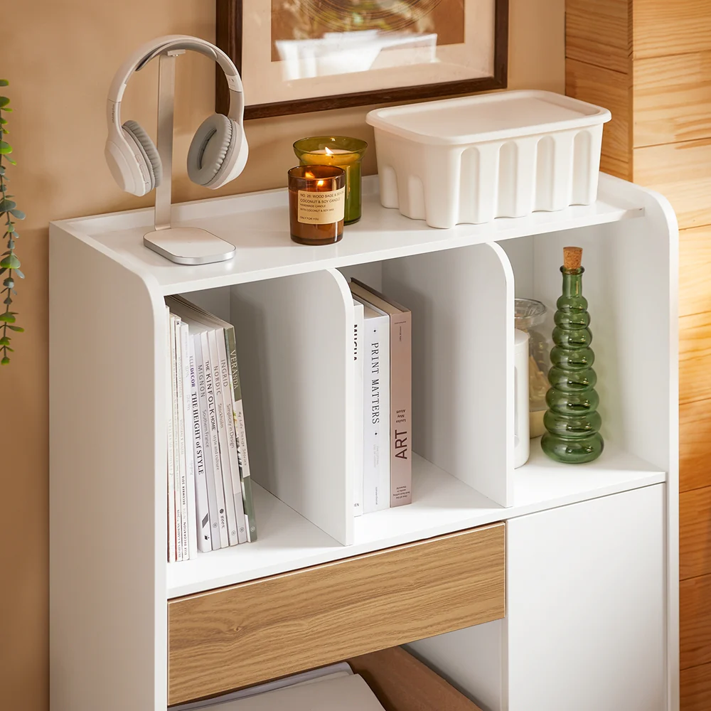 SoBuy STR11-WN Boekenkast met lade, kantoren, klein bureau met opbergplanken - Image 7
