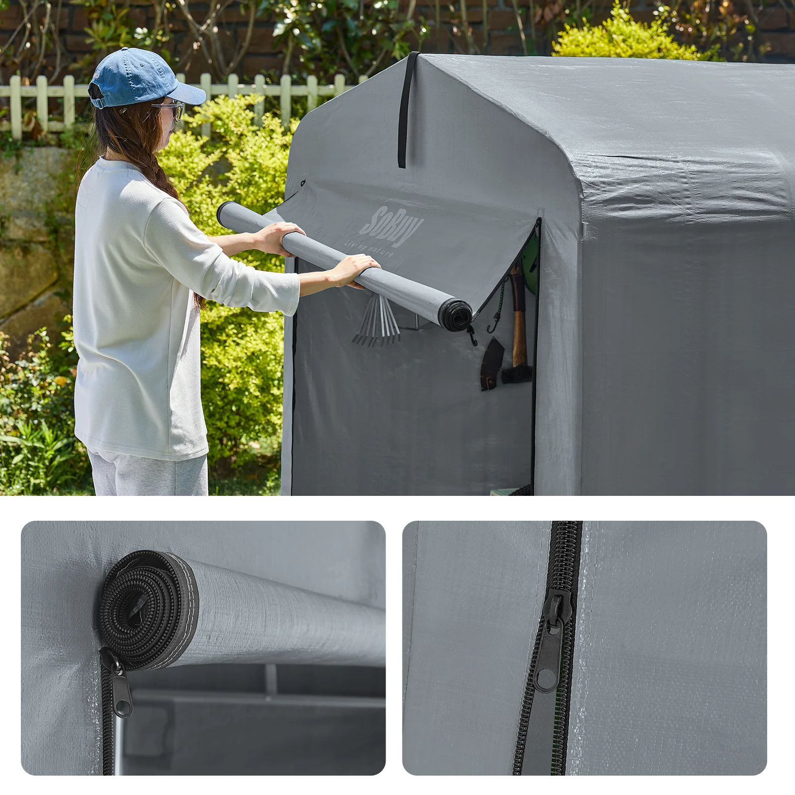 SoBuy KLS11-DG Tuinhuis, tuinhuis voor buiten, waterdicht, motorhuis met haken, garage voor fiets en gereedschap, fietsschuur, opslag en opslag, grijs, 120 x 176 x 163 cm - Image 12