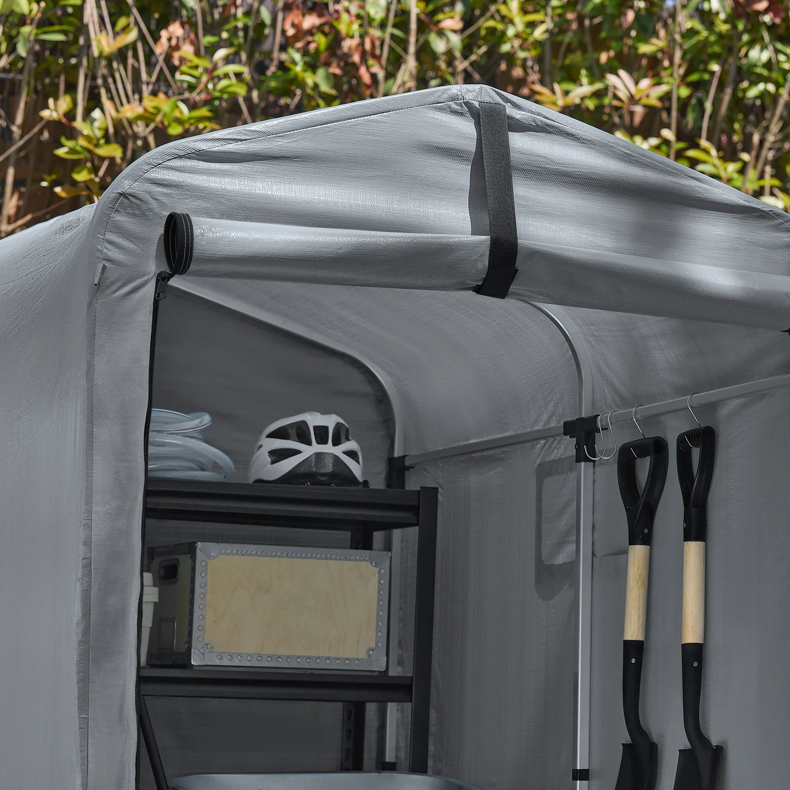 SoBuy KLS11-DG Tuinhuis, tuinhuis voor buiten, waterdicht, motorhuis met haken, garage voor fiets en gereedschap, fietsschuur, opslag en opslag, grijs, 120 x 176 x 163 cm - Image 13