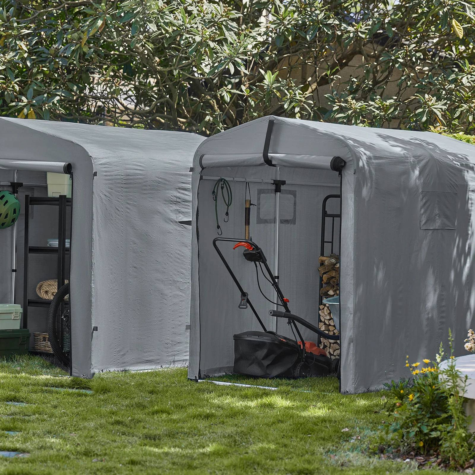 SoBuy KLS11-DG Tuinhuis, tuinhuis voor buiten, waterdicht, motorhuis met haken, garage voor fiets en gereedschap, fietsschuur, opslag en opslag, grijs, 120 x 176 x 163 cm - Image 3