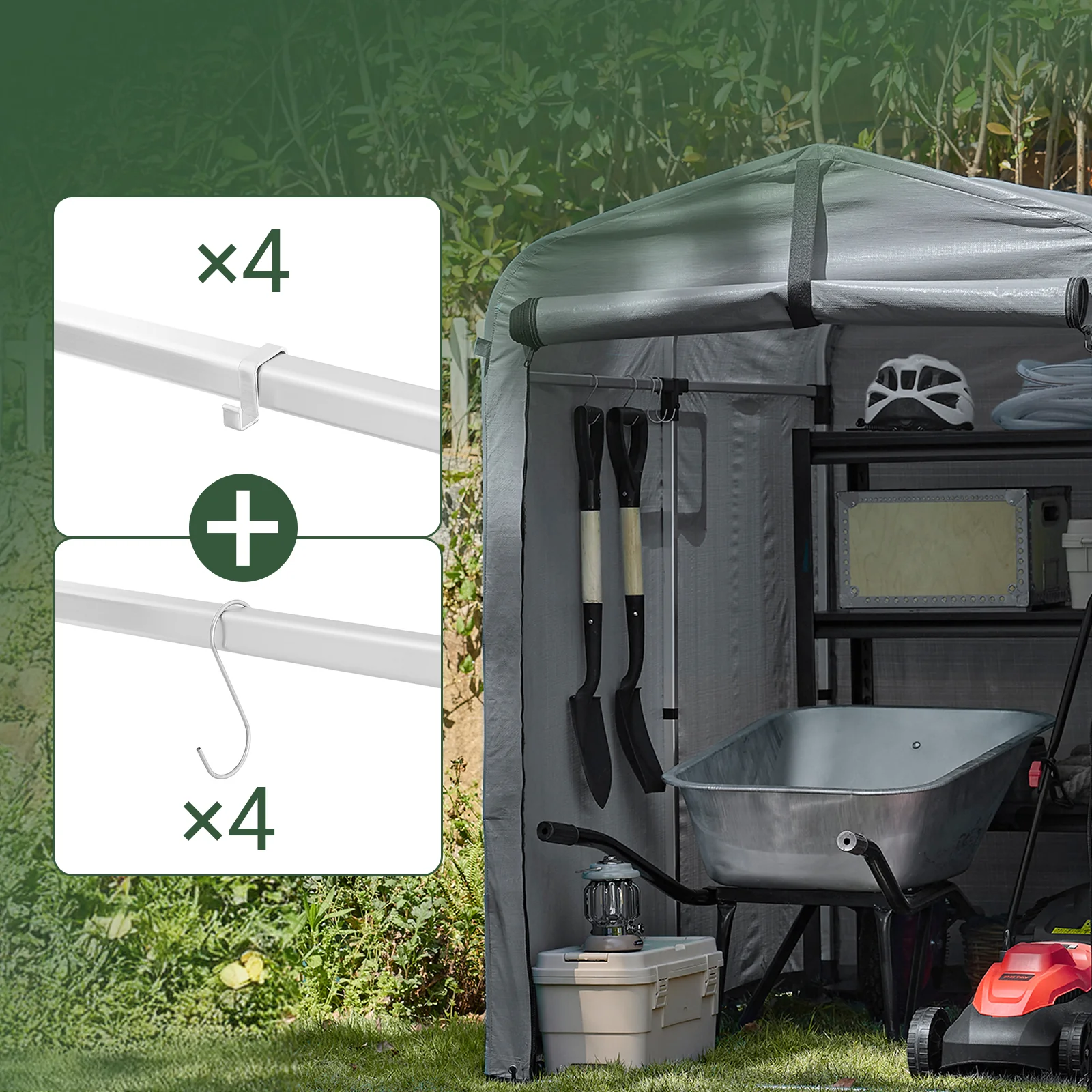 SoBuy KLS11-DG Tuinhuis, tuinhuis voor buiten, waterdicht, motorhuis met haken, garage voor fiets en gereedschap, fietsschuur, opslag en opslag, grijs, 120 x 176 x 163 cm - Image 6